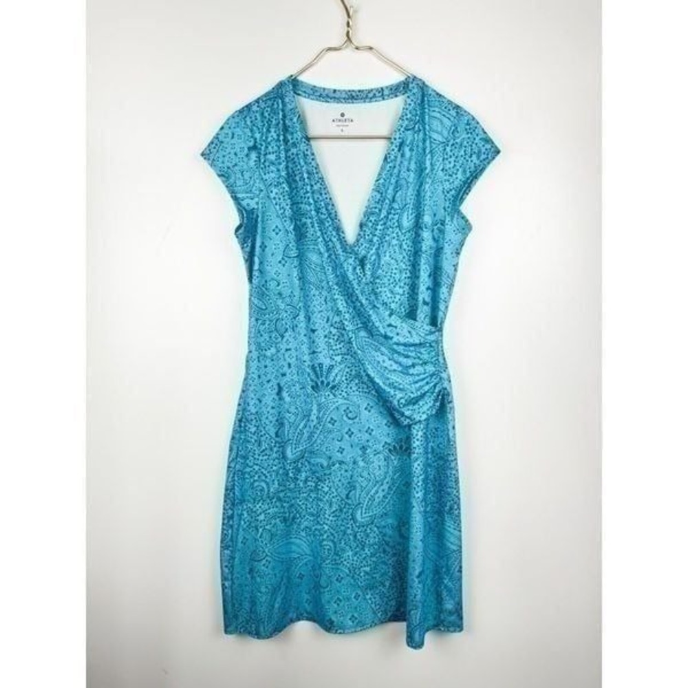 Athleta Travel Nectar Faux Wrap Dress V-Neck Stretch Paisley Performance